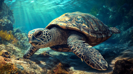 Obraz premium Majestic sea turtle gliding gracefully through sunlit ocean depths