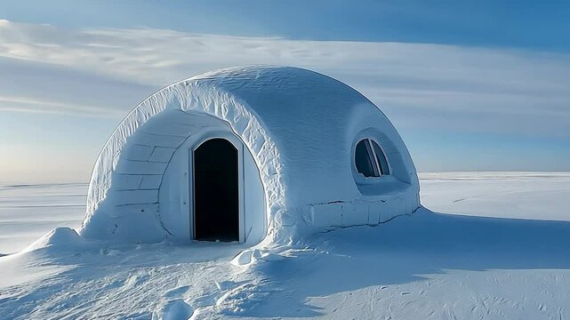 A lonely igloo stands on a vast snow-covered landscape under a bright sky.