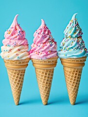 Three ice cream cones with sprinkles