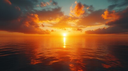 Obraz premium A tranquil sunset over calm waters, reflecting vibrant colors in the sky.