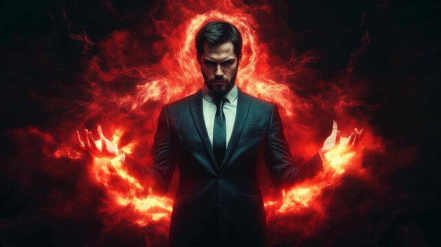 Breaking Covenant, man antichrist in a tailored suit examines a crucial document against a backdrop of flames and swirling smoke