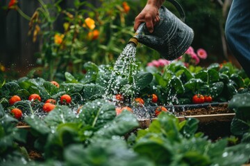 Individual watering vegetable plants in a vibrant home garden surrounded by blooming flowers during daylight in a serene outdoor setting