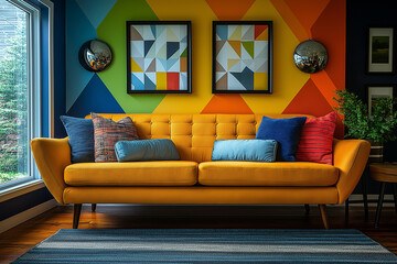 Salon Éclectique et Rétro avec Tapisserie Géométrique Audacieuse, Canapé Restauré et Table Basse en Bois Recyclé