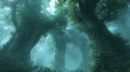 Obraz premium Mystical Forest with Tall Trees and Soft Light in Foggy Atmosphere