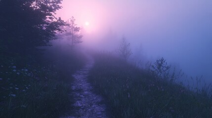 Fototapeta premium Mystical Pathway in Foggy Landscape at Sunrise with Soft Colors