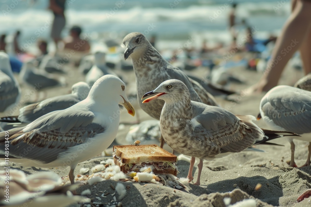 Poster seagulls gather at the shoreline competing for bread scraps during a sunny day at the beach, creatin