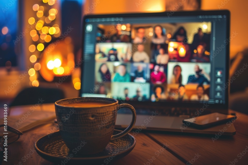 Aufkleber Online group session taking place on a laptop in a cozy setting with a steaming cup of coffee on the side during the evening hours