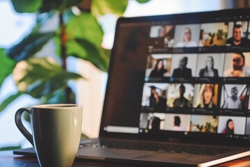 Online group session taking place on a laptop in a cozy setting with a steaming cup of coffee on the side during the evening hours
