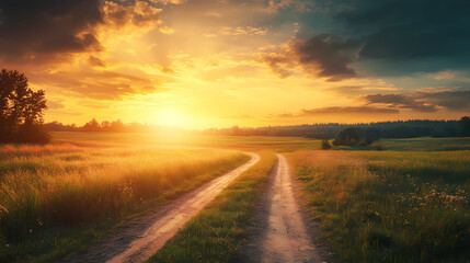 Breathtaking sunset over a winding dirt road through tranquil fields in a rural landscape