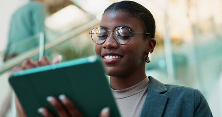 Office, black woman and happy with tablet for connection, software update and confidence for...
