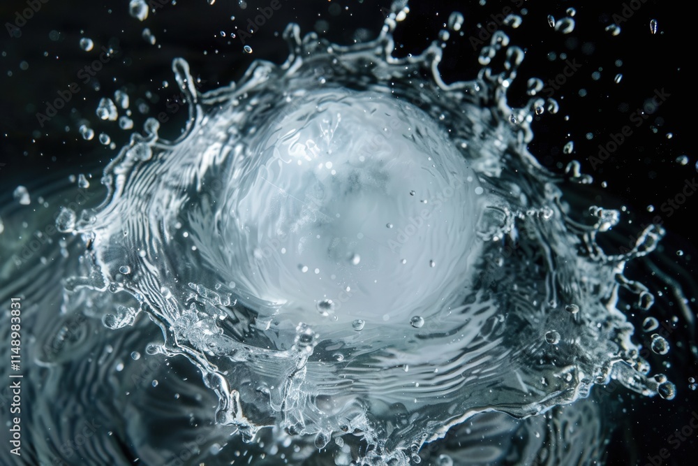Poster Bubbling water sphere creating dynamic splashes in a dark environment, revealing intricate details and reflections during a creative experiment with fluid dynamics