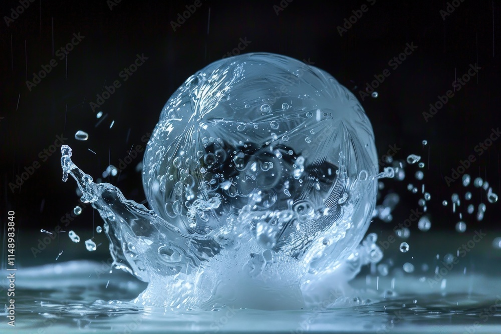Poster Bubbling water sphere creating dynamic splashes in a dark environment, revealing intricate details and reflections during a creative experiment with fluid dynamics