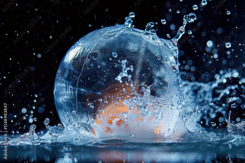 Poster Bubbling water sphere creating dynamic splashes in a dark environment, revealing intricate details and reflections during a creative experiment with fluid dynamics
