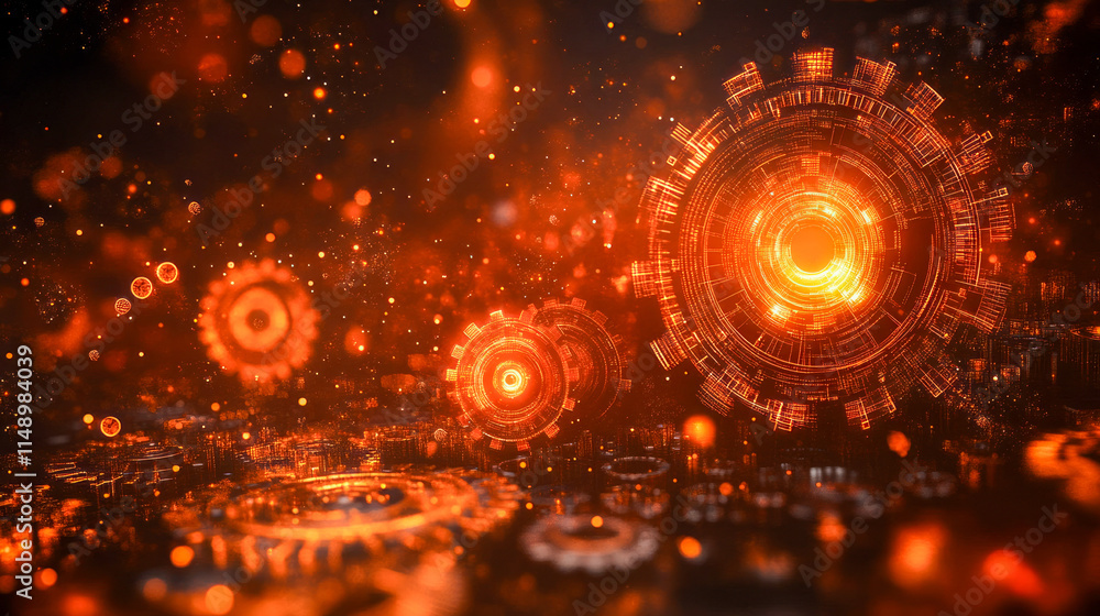 Poster futuristic digital tech gears with glowing orange circuit patterns