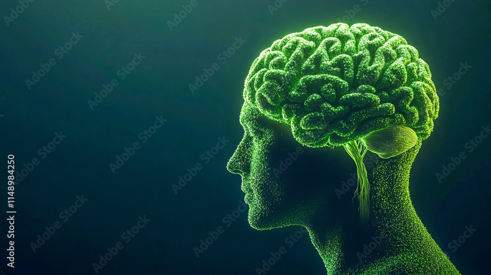 Poster digital visualization of human brain with neural pathways in green light