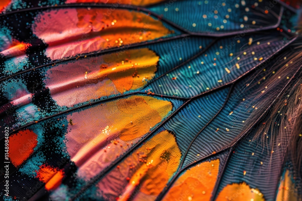 Poster close-up view of a beautifully patterned butterfly wing showcasing vibrant colors and intricate text