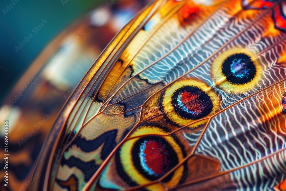 Poster close-up view of a beautifully patterned butterfly wing showcasing vibrant colors and intricate text