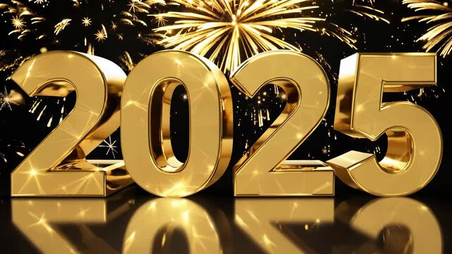 Golden 2025 number two thousand twenty-five glowing amidst fireworks in a celebratory night scene, applicable for new year, future-themed parties, countdown events, and holiday promotions