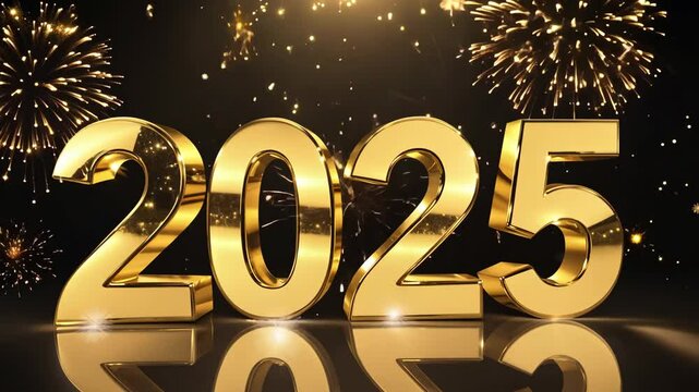 Golden 2025 number two thousand twenty-five surrounded by golden fireworks with reflections on a glossy surface, applicable for new year celebrations, futuristic events, and promotional themes