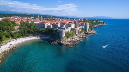 Fototapeta premium Coastal Town with Fortress and Beach - Stunning Travel Destination