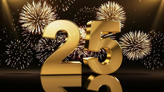 Golden 25 number twenty-five surrounded by fireworks and a reflective surface, applicable for birthdays, silver jubilees, anniversaries, milestones, and festive celebrations