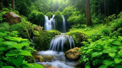 Obraz premium Enchanting Waterfall in Lush Forest