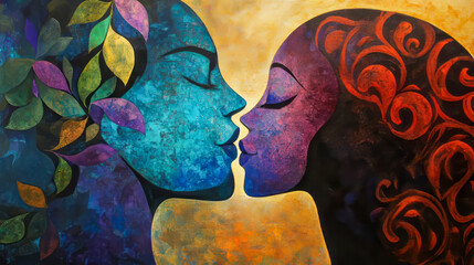 Colorful abstract art of two faces in profile with nature motifs
