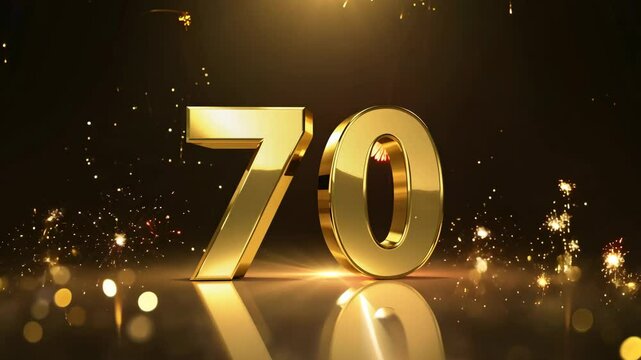 Golden 70 number seventy illuminated by a radiant firework display in a luxurious festive setting, applicable for milestones, birthdays, anniversaries, new year, celebrations, and commemorative events