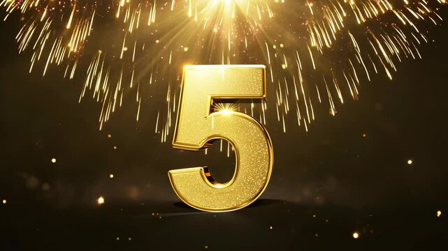 Golden 5 number five surrounded by sparkling fireworks and a festive golden glow, applicable for new year, countdown, celebrations, parties, anniversaries, and milestones