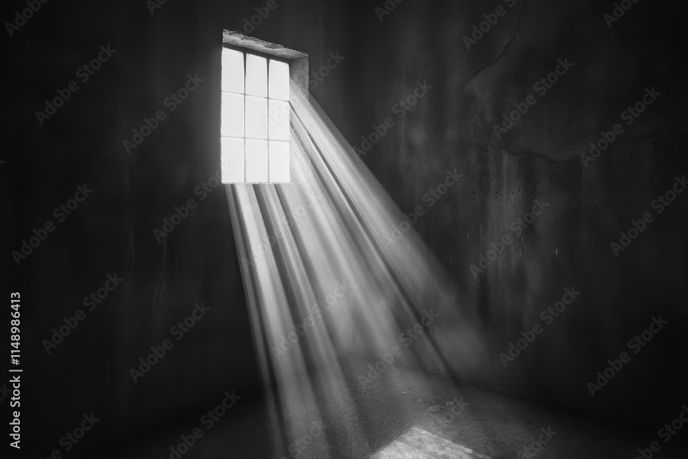 Aufkleber Light from a small window casts dramatic shadows in a dark room during the afternoon, creating a moody atmosphere