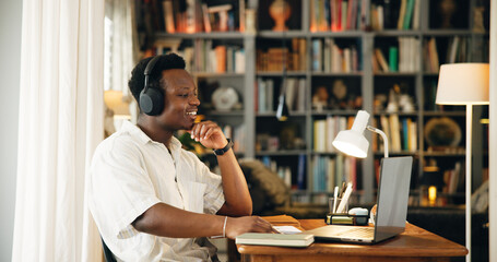 Black man, headphones and elearning on laptop, home and happy for virtual class, development and info on webinar. Person, computer and student with education, video call or online course at apartment