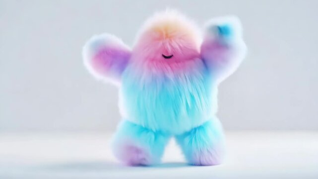 A vibrant fuzzy character in neon pink and blue fur wearing oversized sunglasses, captured in a playful dance pose on a bright pink background, applicable for fashion, quirky designs, playful branding