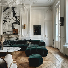 Salon classique avec une cheminée sculptée et un canapé modulable.