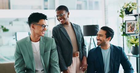Office, break and business people laughing with discussion for startup, planning and ideas session. Smile, colleagues and funny joke with conversation for career story, work opinion and collaboration