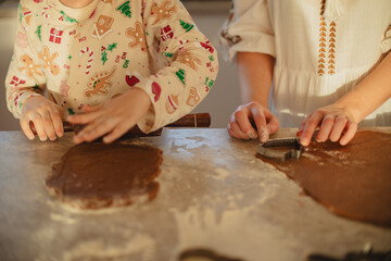 Mother and child baking Christmas gingerbread cookies together in a cozy kitchen. The table is covered in flour, dough, and cookie cutters, capturing the warmth of holiday traditions. 
