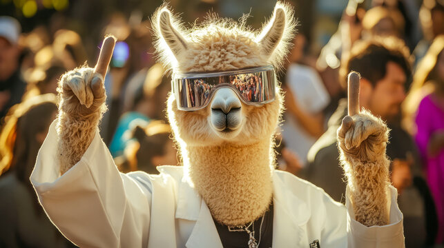 Llama wearing sunglasses and white jacket in crowd celebrating outdoors