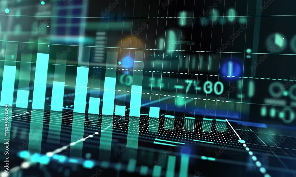 Poster digital representation of financial data with glowing bars on dark background