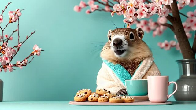 A charming groundhog wrapped in a soft scarf enjoying cookies and tea with cherry blossoms in the background, applicable for Groundhog Day, spring themes, cozy designs, and nature illustrations