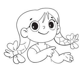Girl gestures toward. Concept design. Black and white cartoon character. Funny vector illustration. Isolated on white background. Coloring book
