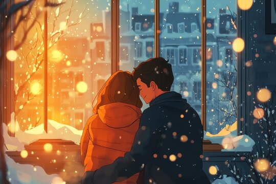 Lofi cute cozy couple in warm sweaters sitting together looking out the window, their peaceful moment a reminder of the comfort and stability that love can bring in a turbulent world.