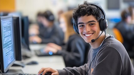 A cheerful male student wearing headphones, sitting in a modern computer lab with a bright smile, surrounded by a collaborative learning environment, showcasing focus, technology, and education in act