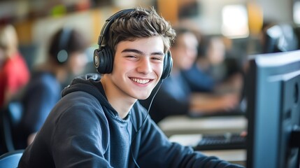 A cheerful male student wearing headphones, sitting in a modern computer lab with a bright smile, surrounded by a collaborative learning environment, showcasing focus, technology, and education in act