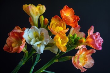 Vibrant bouquet of colorful flowers showcasing various shades of pink and orange against a dark background in a decorative arrangement