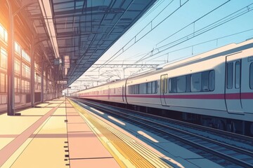 Train stops at the station, anime or cartoon style seamless, a moment of pause, where time stands still, evoking feelings of anticipation and transition, a reminder of the journey between past and fut