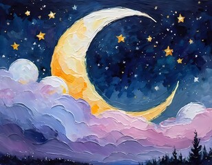 A serene night sky features a soft crescent moon illuminated with pastel hues, complemented by clouds and scattered stars. Generative AI