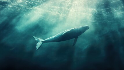 Naklejka premium Blue whale swimming in polluted waters, oil slicks and microplastics visible