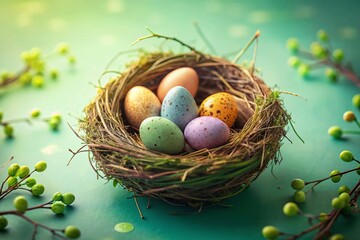 Obraz premium Easter Eggs Nest Light Green Background Poster Banner Template