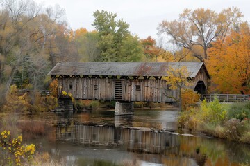 Beautiful covered bridge reflecting in serene pond surrounded by lush greenery on a sunny day