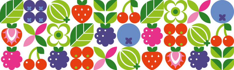 Abstract geometric seamless pattern with berries and leaves. Modern background. Organic food. Set of icons in simple flat bauhaus style. Vector illustration.