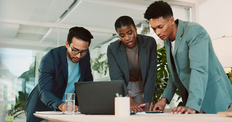Office, feedback and report discussion for laptop, proposal and research notes with document for...